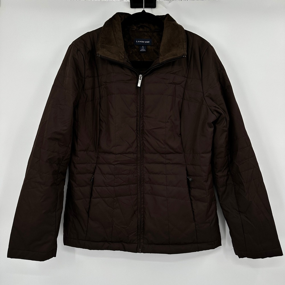 Lands End Womens Brown Quilted Full Zip Jacket Faux Fur Collar Small 6-8 Outdoor